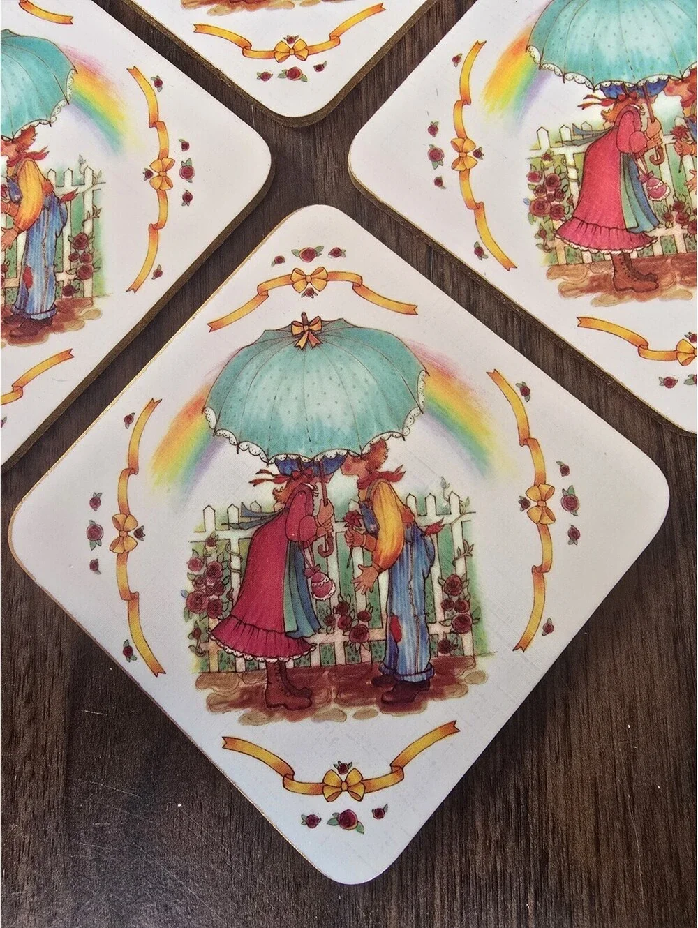 “Vintage Country Girl Boy Rainbow Cork Coaster Cottagecore Holly Hobbie Style”
